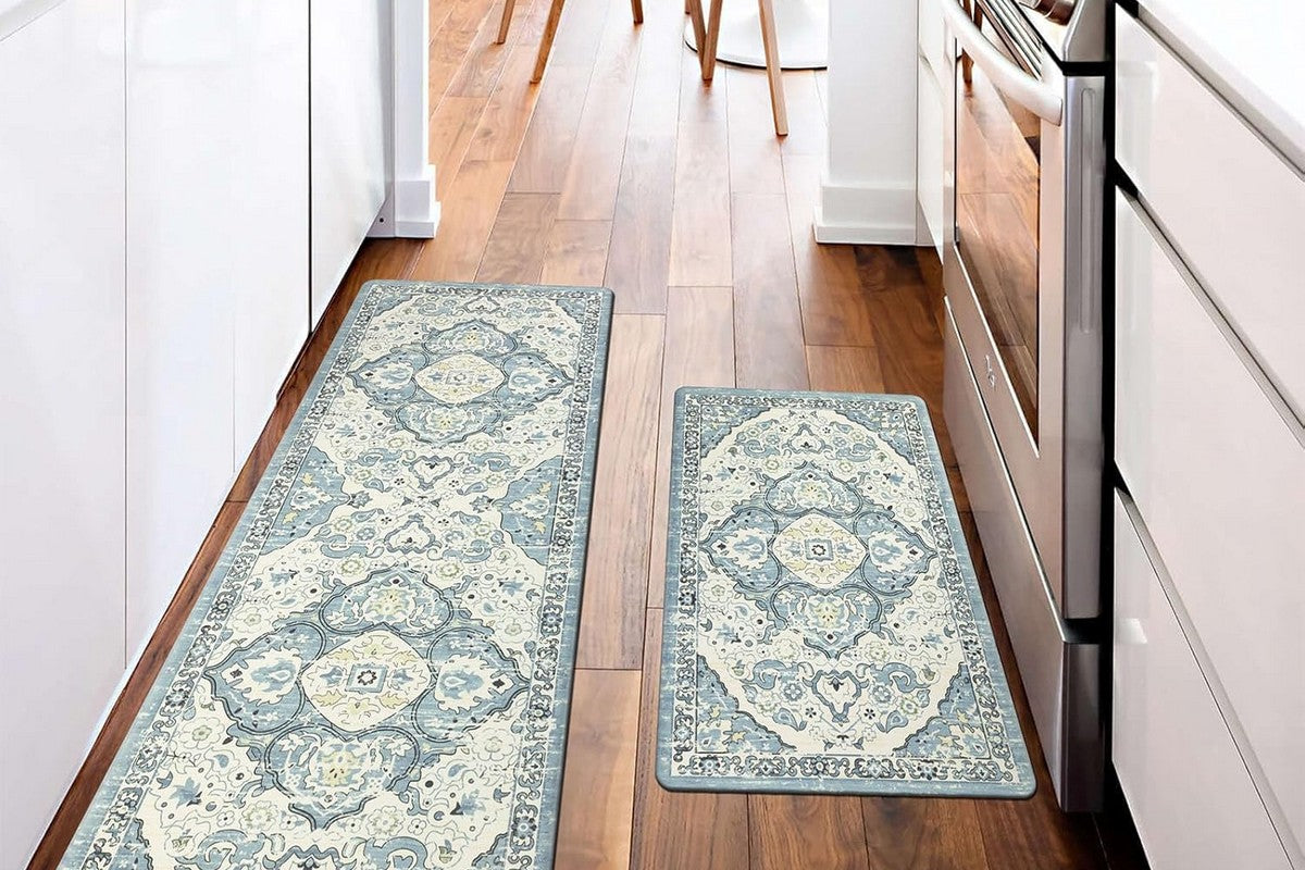 2Pcs Boho Anti-Fatigue Kitchen Mats Non-Slip Cushioned for Kitchen Sink Laundry-Cyan
