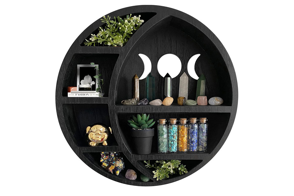 Wooden Shelf Halloween Crystal Display Shelf Decor-Round Moon