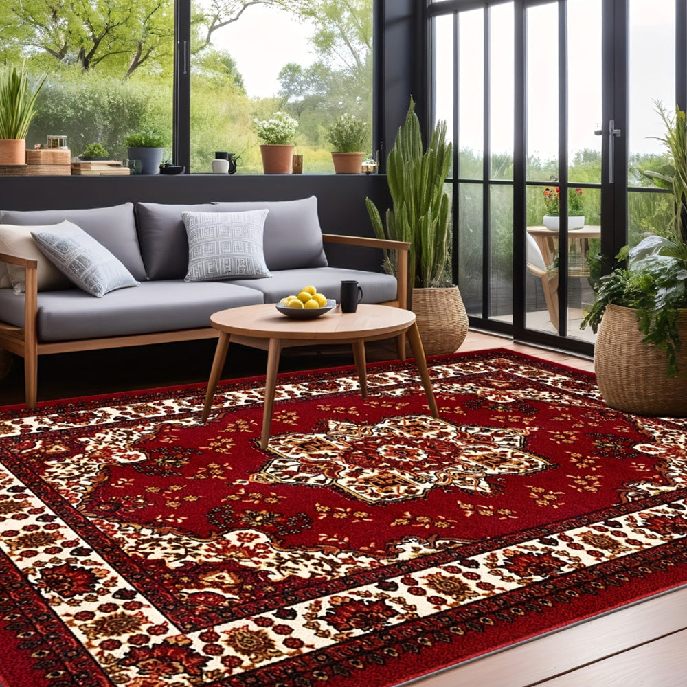 Crystal Velvet Vintage Boho Rug Non-Slip Floor Carpet for Bedroom Dining Room-Red