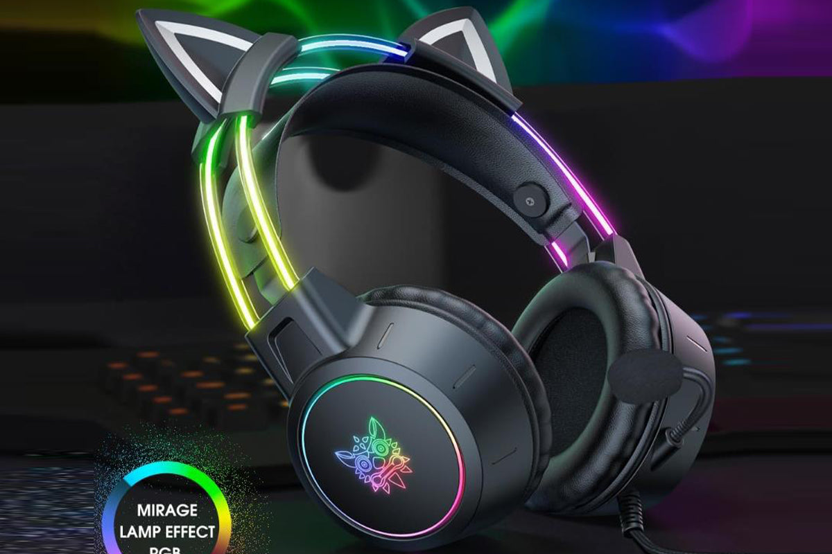 Gaming Headset with Detachable Cat Ears Wired Over LED Ear Headphones with Mic for PC Laptop PS4 PS5 Xbox Switch -Black
