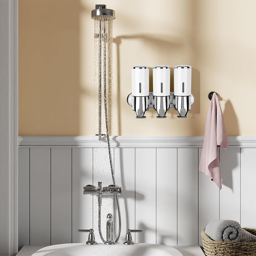 3-Chamber Shower Soap Dispenser Wall-Mounted Shampoo and Conditioner Dispenser with Visible Window White
