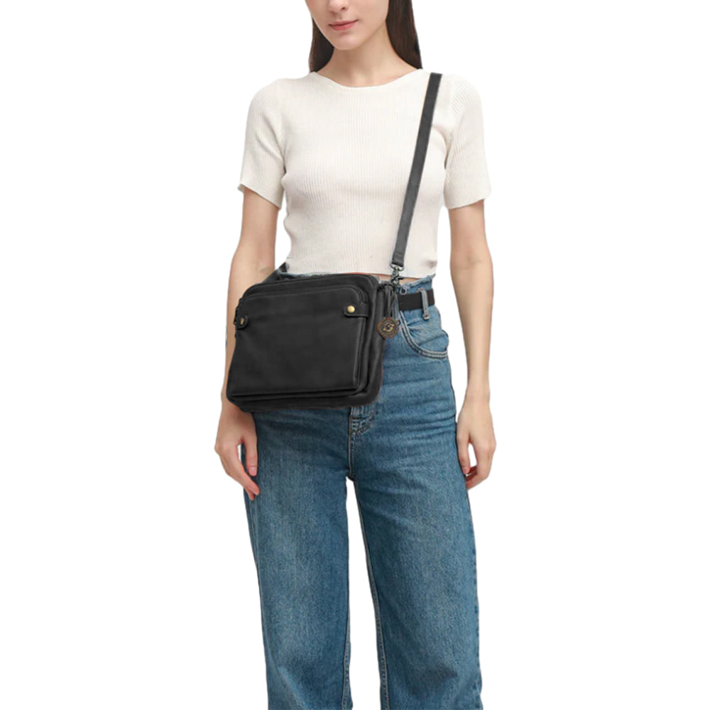 Women PU Leather Crossbody Bag Multifunctional Three Layer Purse Shoulder Bag Tote Black