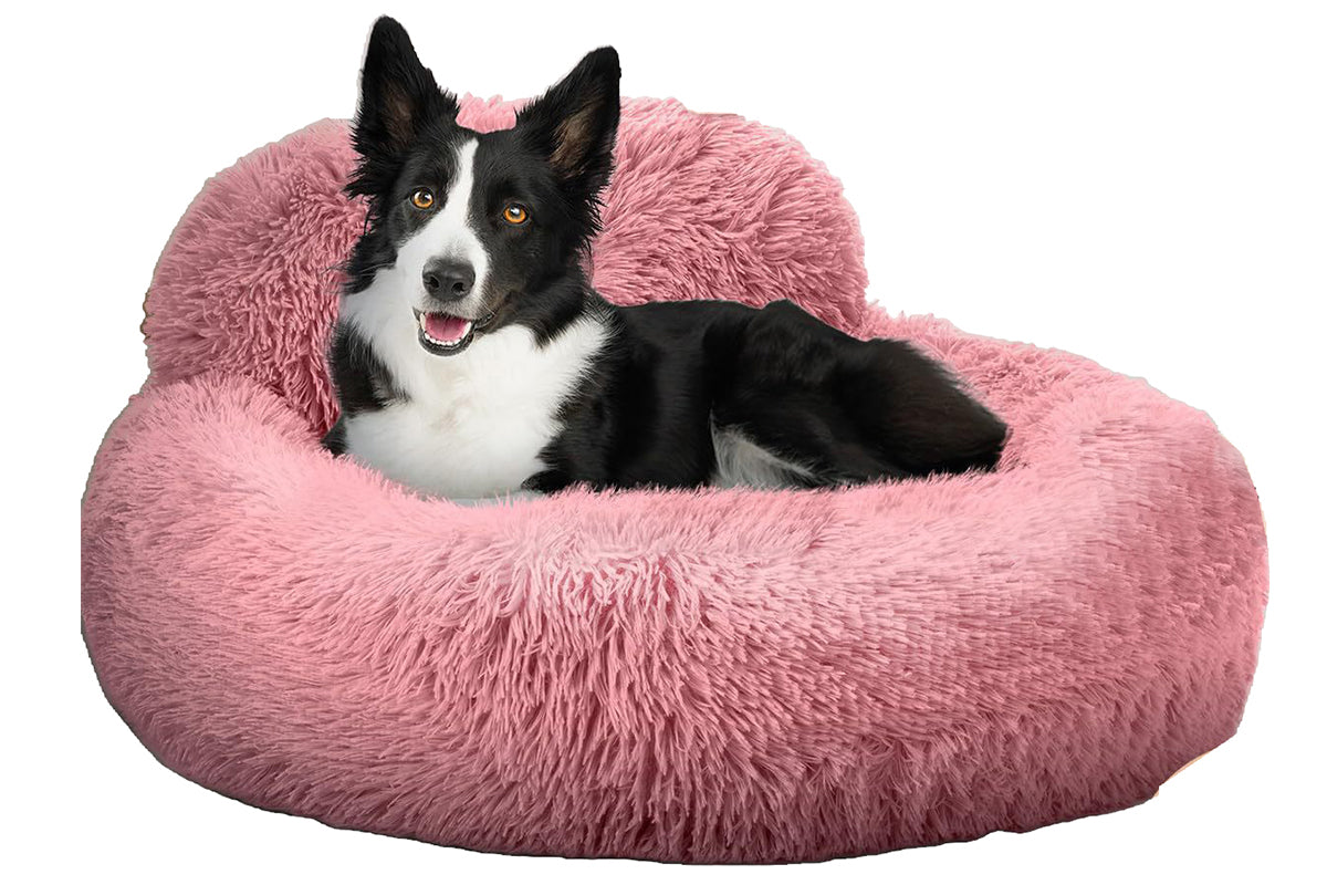 Calming Donut Dog Bed Anti-Slip Fluffy Plush Faux Fur Pet Bed for Most Dogs -Pink