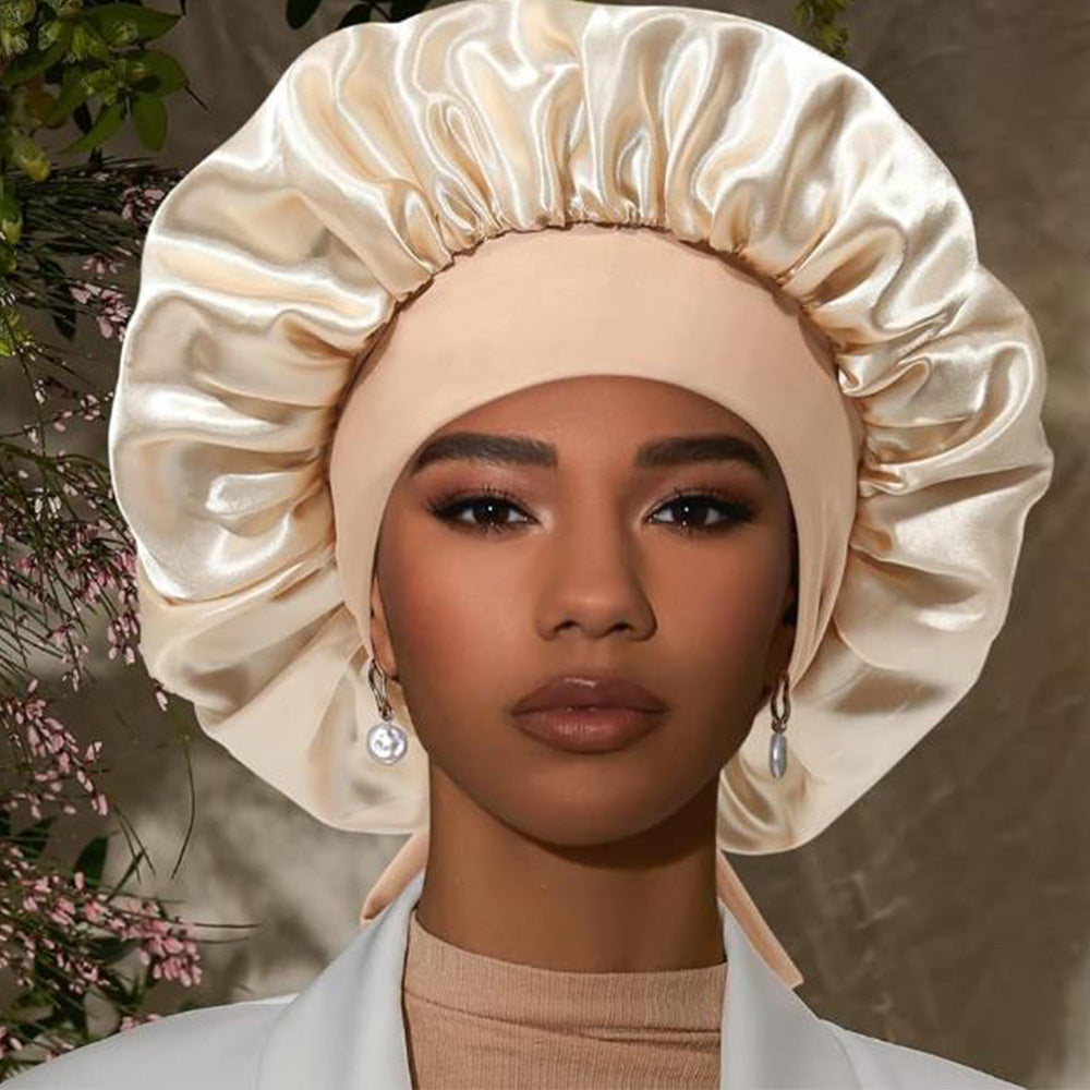 Satin Night Sleep Cap for Women Hair Bonnet with Elastic Band Khaki