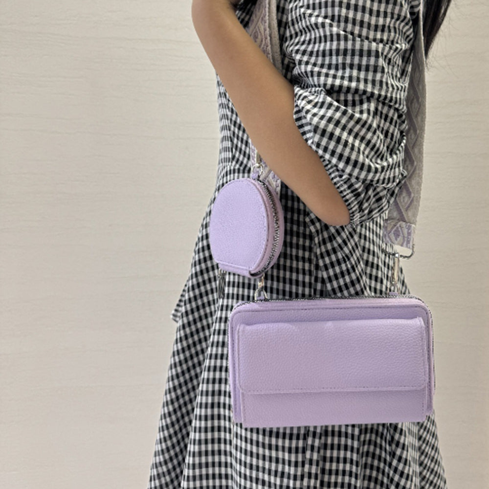 2Pcs Set PU Leather Trendy Bags Woman Travel Cross Body Bag with Coin Pouch Purple