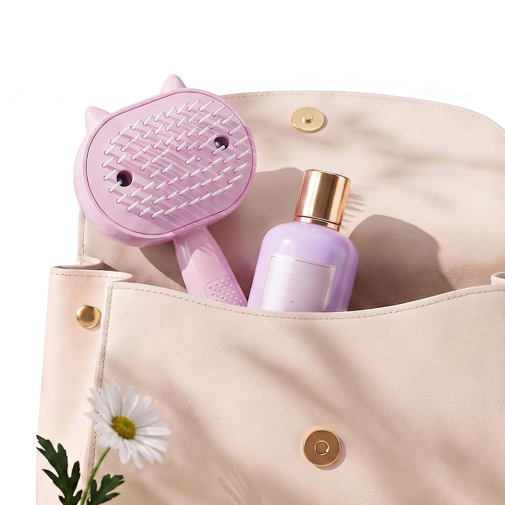 Electric Spray Hair Brush with Cat Ear Design and One Click Cleaning - Pink