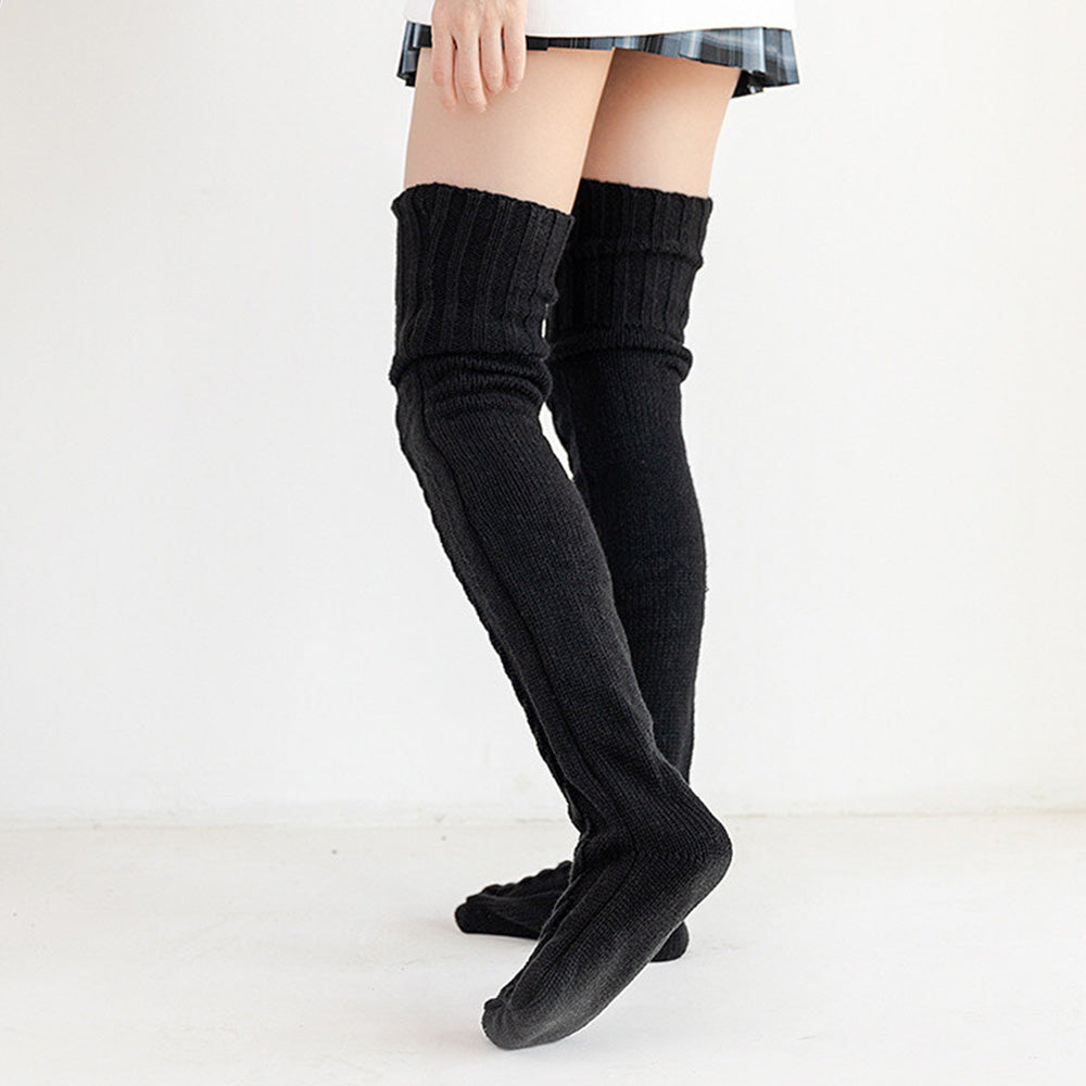 Women's Knitted Over Knee Socks Thick and Warm Long Stockings-Black