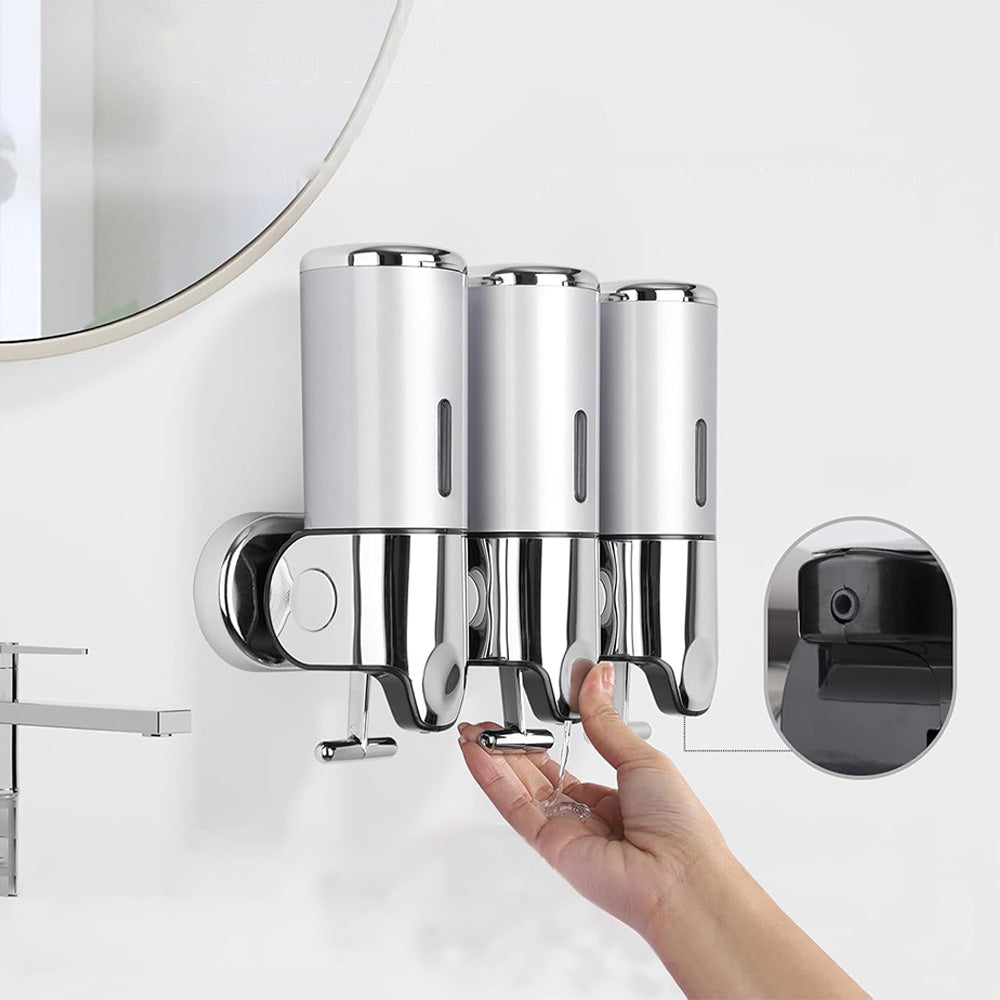 3-Chamber Shower Soap Dispenser Wall-Mounted Shampoo and Conditioner Dispenser with Visible Window Silver