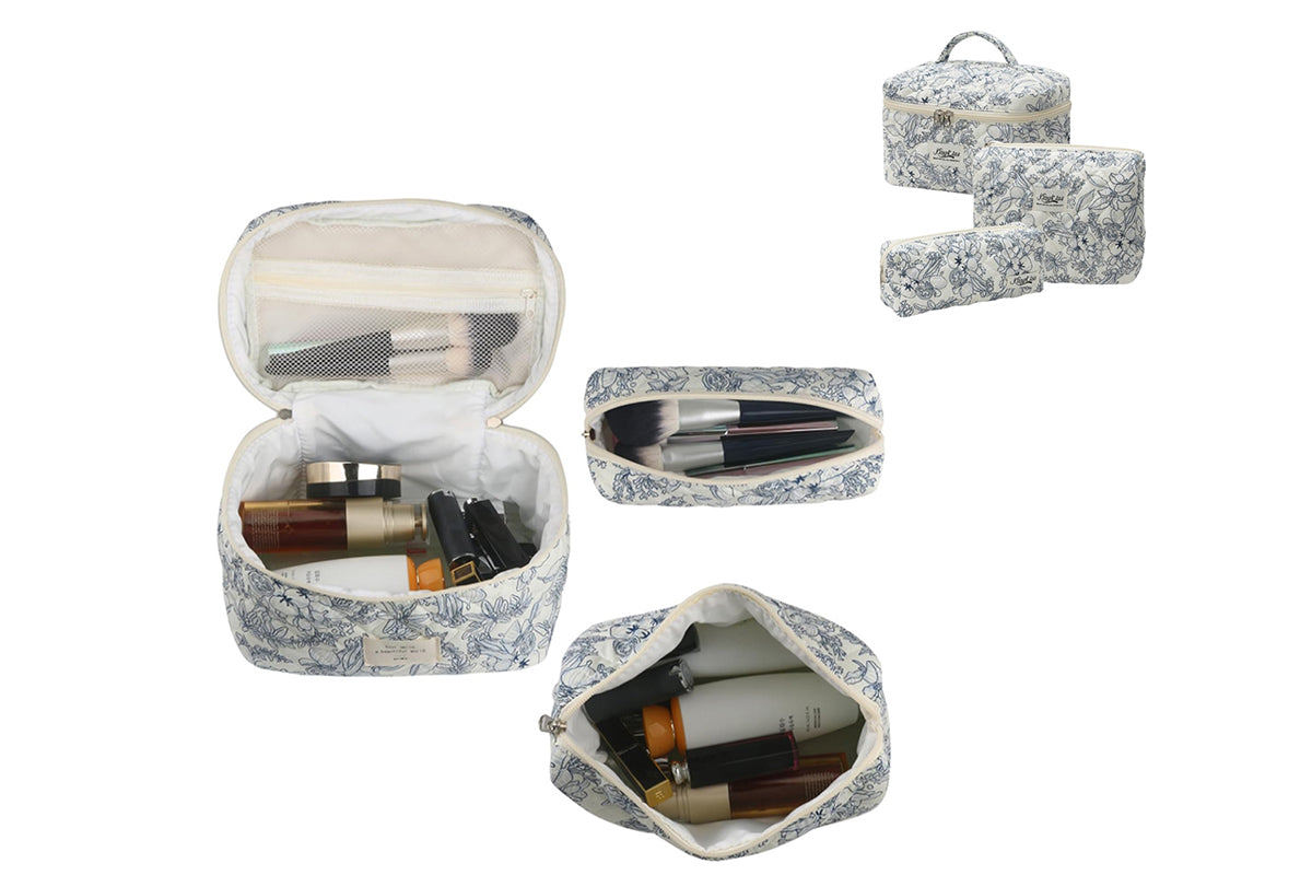 3Pcs Floral Cotton Cosmetic Bag Cute Aesthetic Floral Toiletry Organizer Bag For Women Girls-ST1