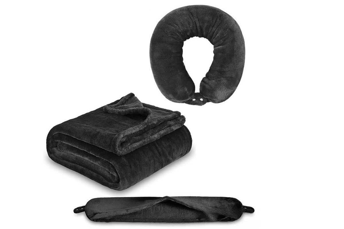 2 in 1 Travel Blanket and Pillow Flannel Blanket with Neck Pillow Case for Airplane Camping-Navy