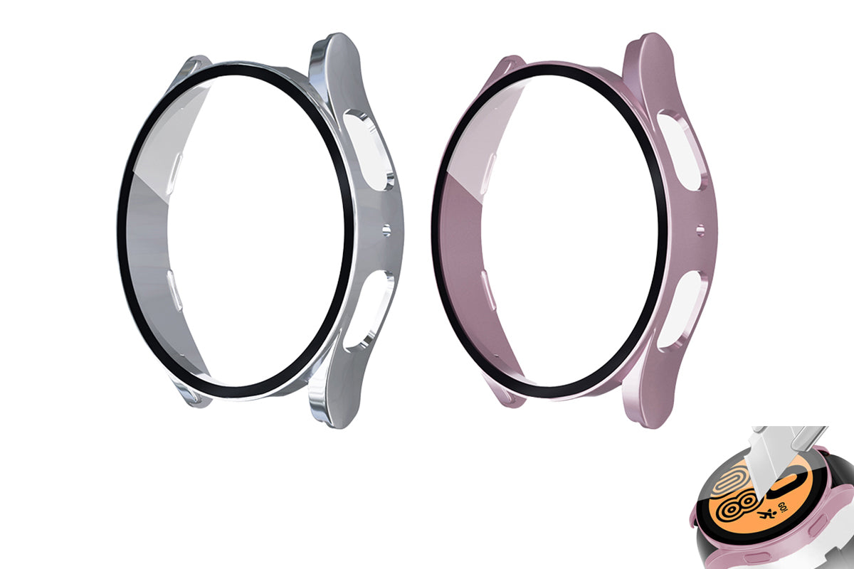 2pcs Full Screen Protector Case Hard PC Cover Bumper for Samsung Galaxy Watch-rose gold and Silver