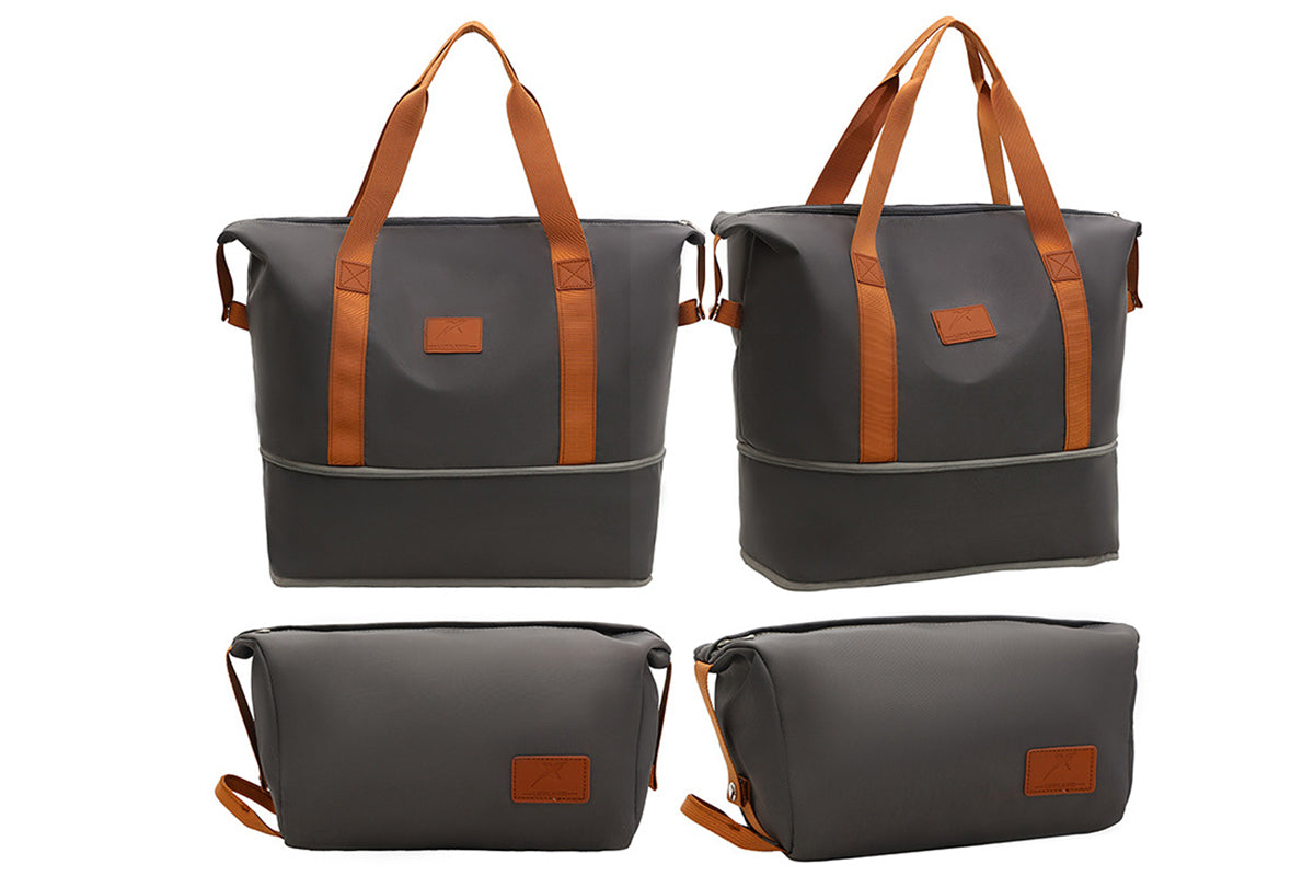 2Pcs Expandable Overnight Travel Duffel Bag Set Weekender Bag with Toiletry Bags -Grey