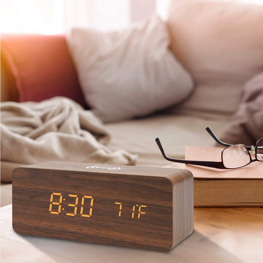 Dimmable Digital Alarm Clock with Wireless Charger Station for Home Office Brown