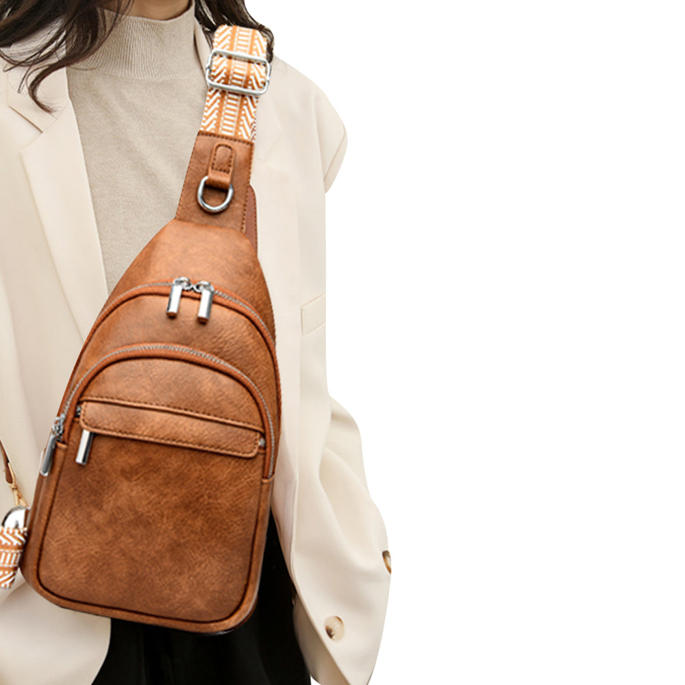 Women Crossbody Bag PU Leather Sling Bag Small Chest Bag Shoulder Pack Brown