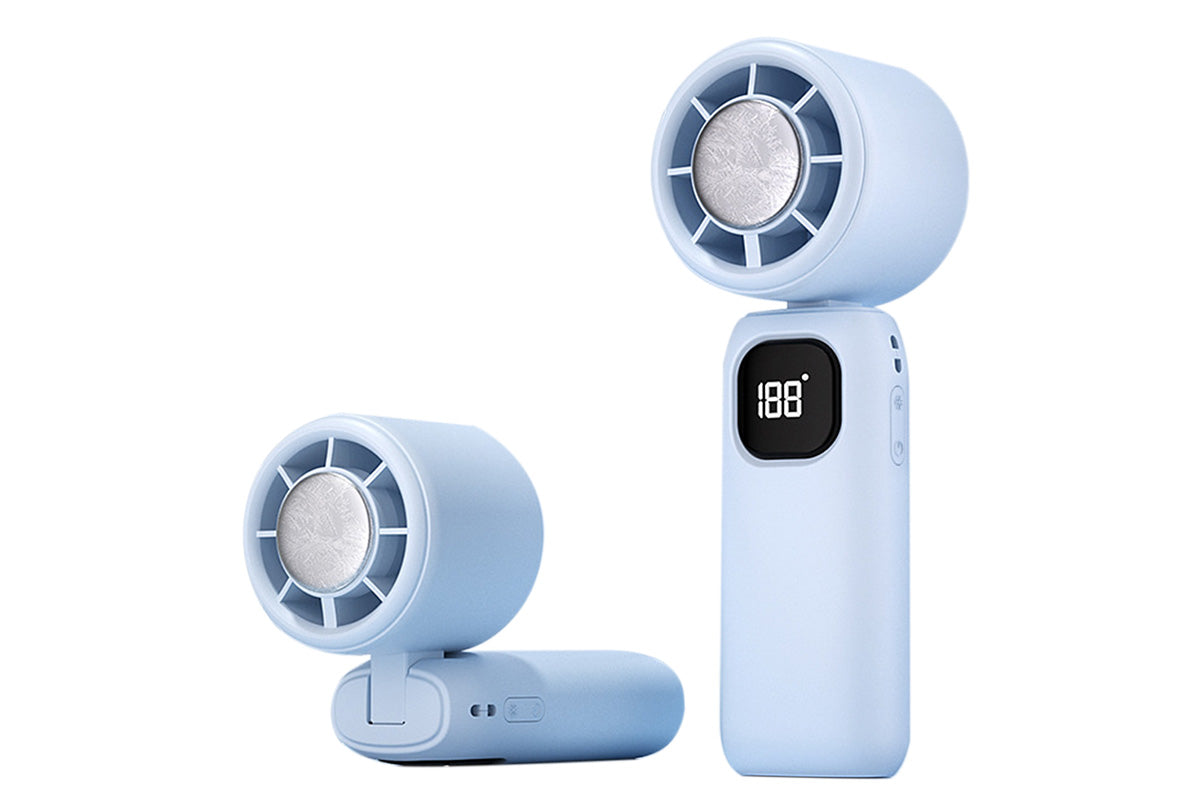 100 Speeds Digital Display Cooling Fan USB Fan with Lanyard and Phone Holder Base-Blue