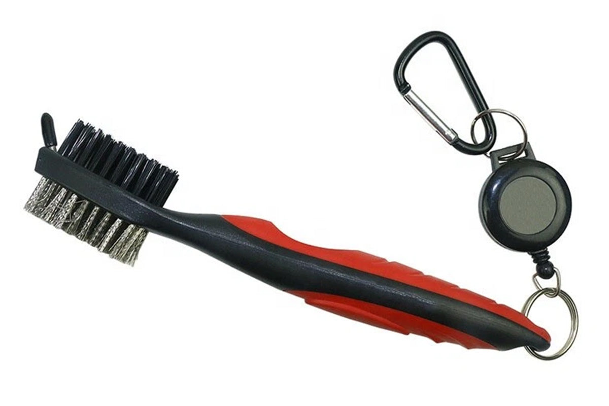 Dual Sided Golf Club Groove Cleaner Brush Tool with Retractable Carabiner -Red