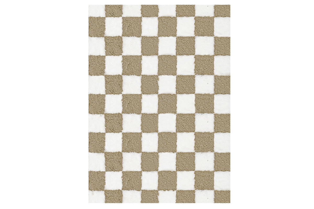 Checkered Plush Shaggy Rug Non Slip Carpet - Khaki