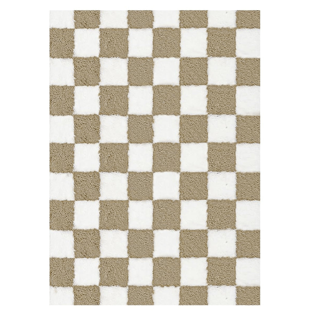 Checkered Plush Shaggy Rug Thickened Non Slip Carpet for Living Room Bedroom-Khaki