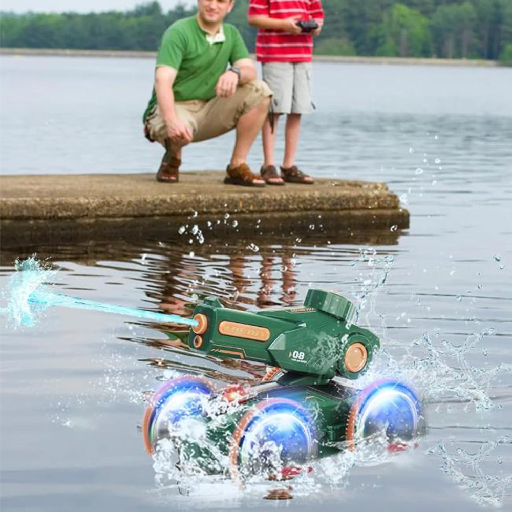 Amphibious Remote Control Car Boat Toy RC 4WD Stunt Car with Lights for Kids Green