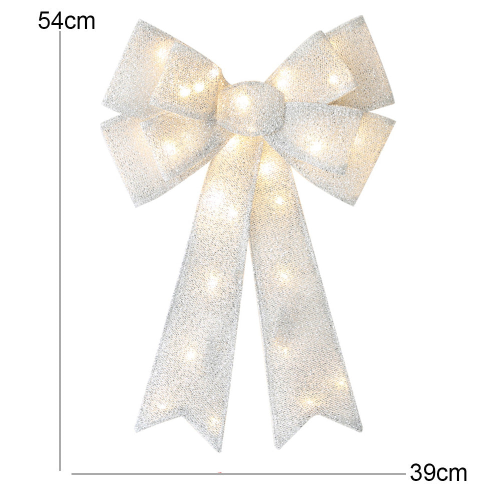 Christmas Bows Light Up Large Double Layer Ribbon Bow Xmas Door Decoration Home Decor-Silver