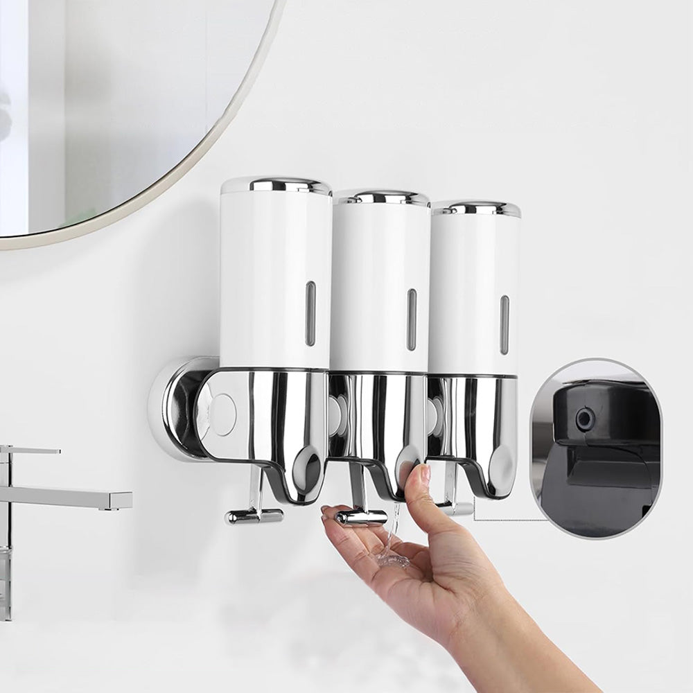 3-Chamber Shower Soap Dispenser Wall-Mounted Shampoo and Conditioner Dispenser with Visible Window White