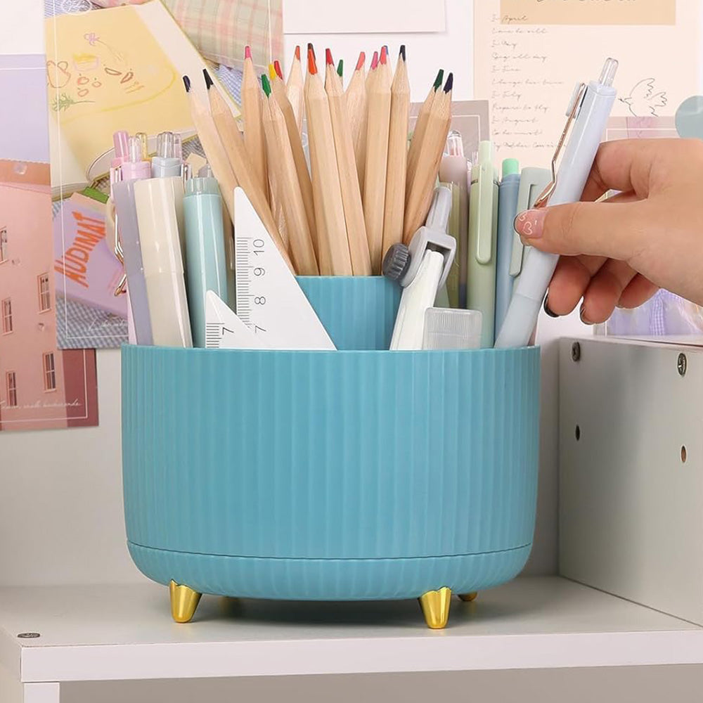 360 Degree Rotating Desk Organizer with 4 Slots For Pencil and Pen Holder-Blue