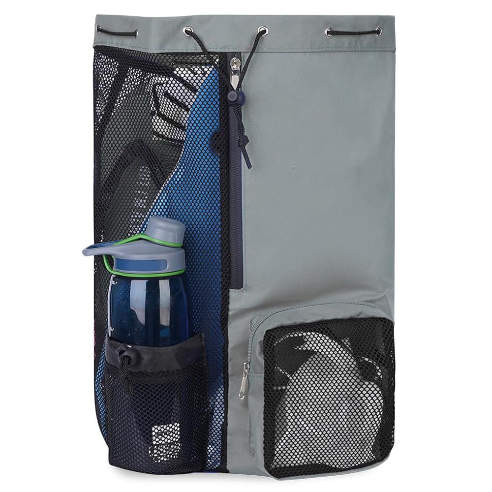 Drawstring Swim Bag Mesh Backpack with Wet Pocket for Swimming Gym Workout Grey