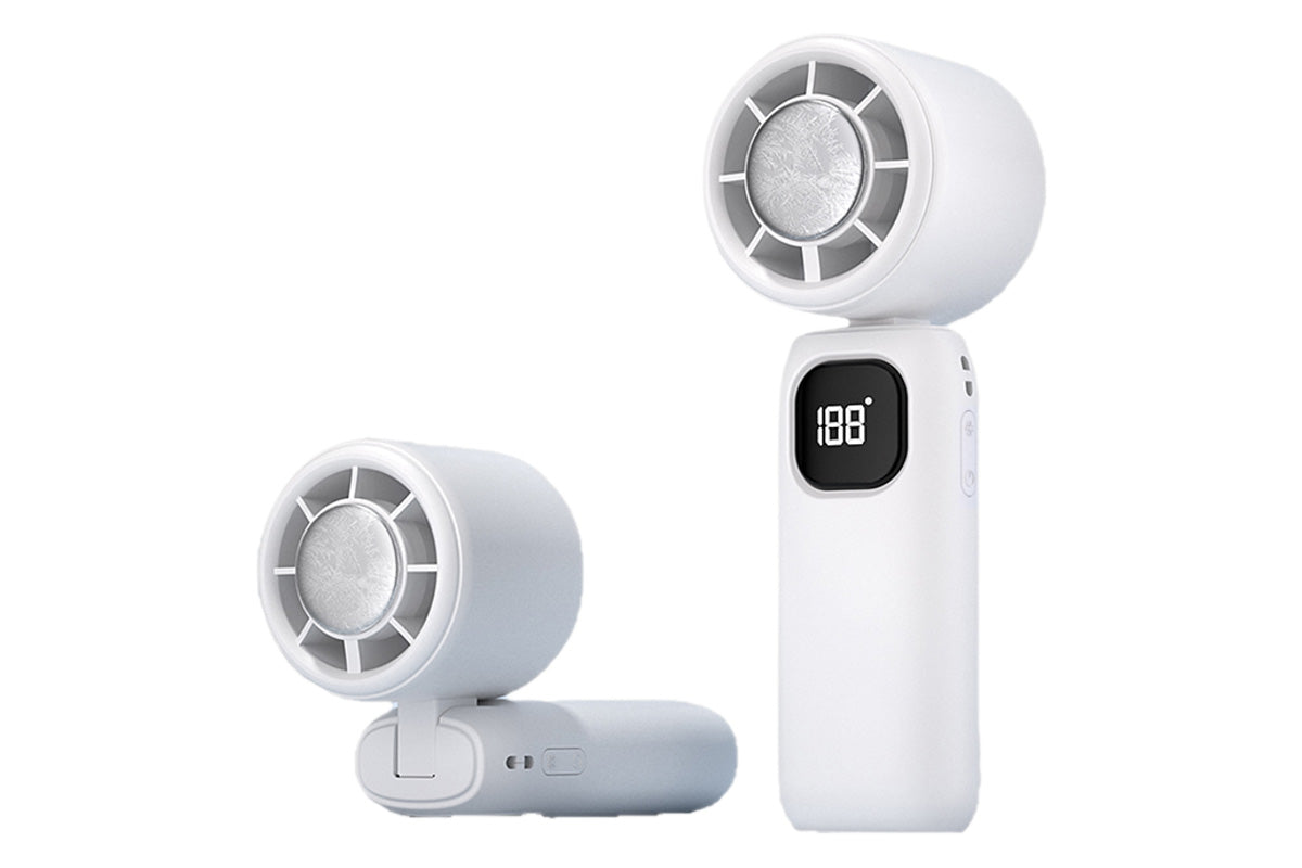100 Speeds Digital Display Cooling Fan USB Fan with Lanyard and Phone Holder Base-White