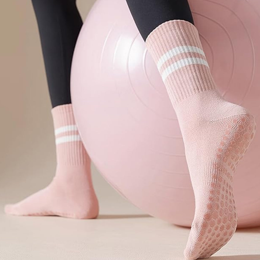 3 Pairs of Yoga Socks Non-Slip Grips Anti-Skid Pilates Barre Dance Cushioned Socks Pink