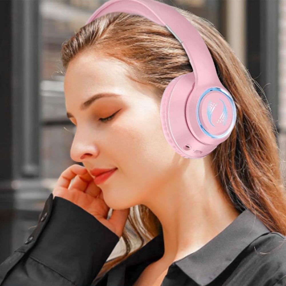 Wireless Bluetooth Headphones Foldable Headworn Headset with RGB Lights Pink