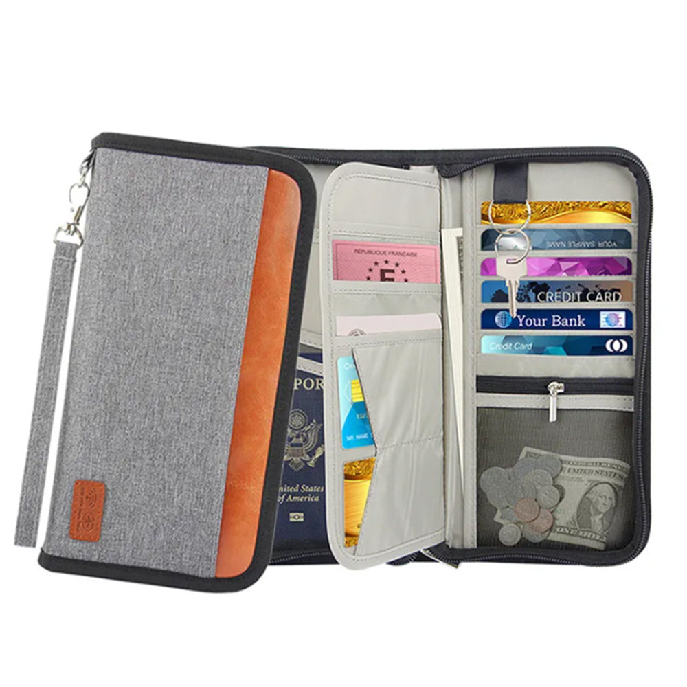 RFID Blocker Passport ID Card Holder Zipper Travel Wallet Grey
