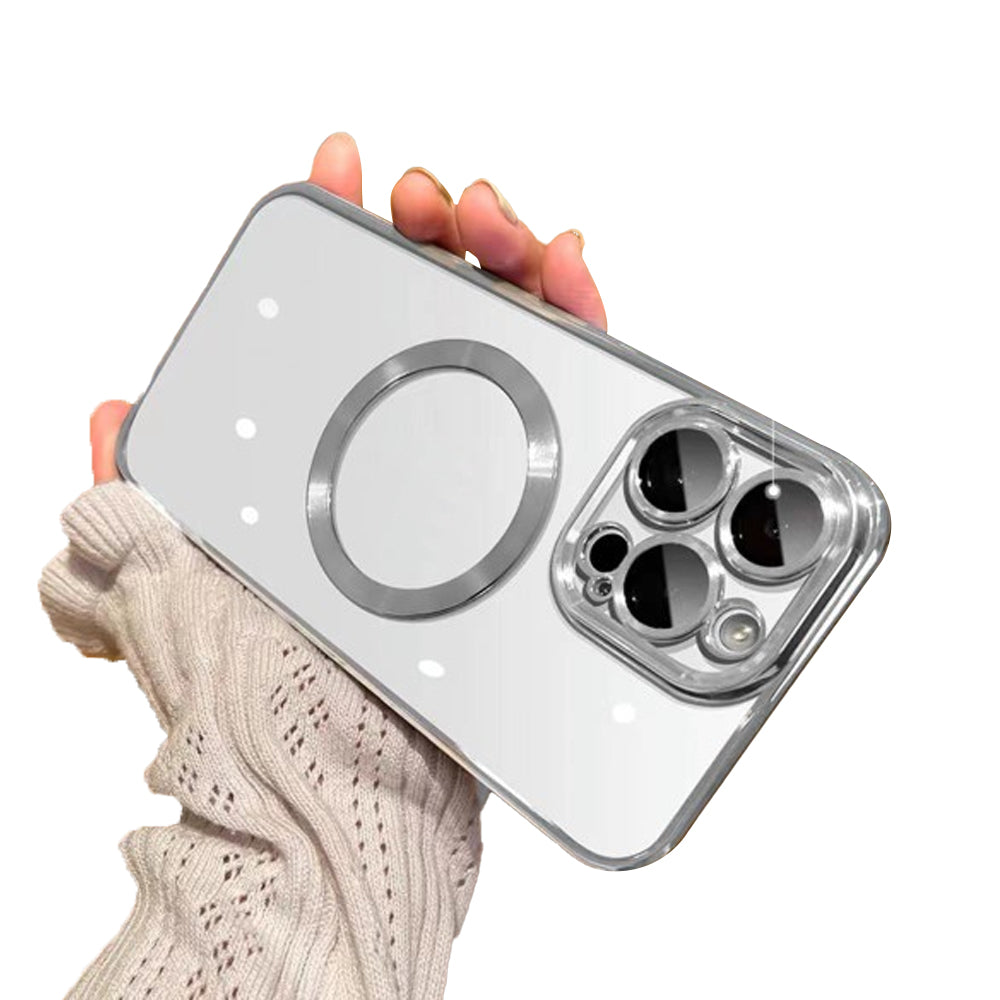 For iPhone 15 Series Magnetic Phone Cover Shockproof Plating Case Cover Silver