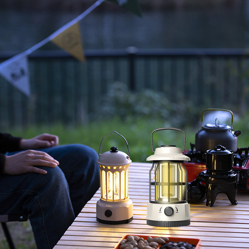 Retro Tent Camping Lantern Rechargeable Night Lamp Camping Light Beige