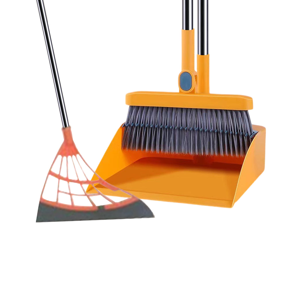 180-Degree Rotating Broom and Foldable Standing Dustpan Set with Scraper for Home Office Orange