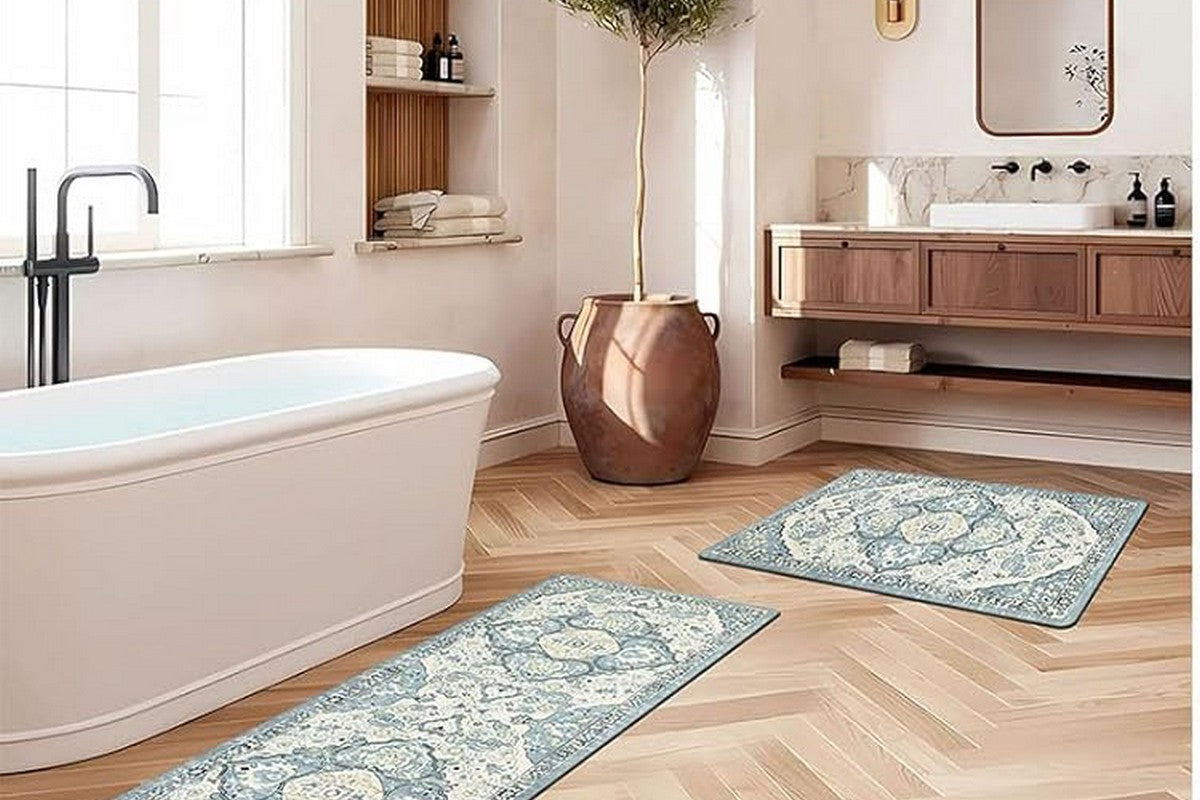 2Pcs Boho Anti-Fatigue Kitchen Mats Non-Slip Cushioned for Kitchen Sink Laundry-Cyan