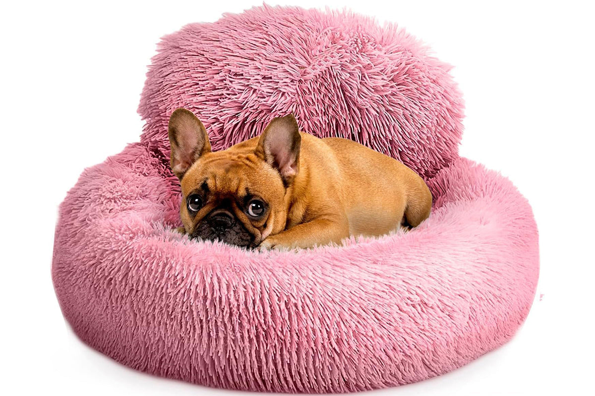 Calming Donut Dog Bed Anti-Slip Fluffy Plush Faux Fur Pet Bed for Most Dogs -Pink