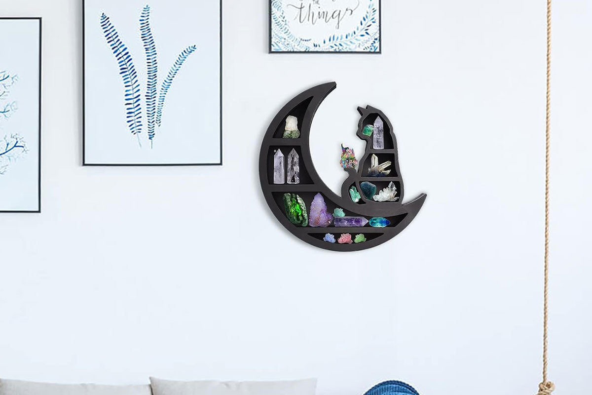 Wooden Shelf Halloween Crystal Display Shelf Decor-Cat in the Moon