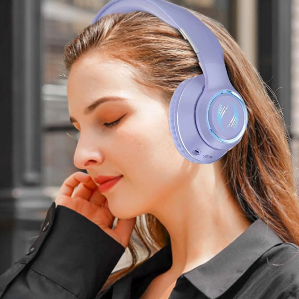 Wireless Bluetooth Headphones Foldable Headworn Headset with RGB Lights Purple