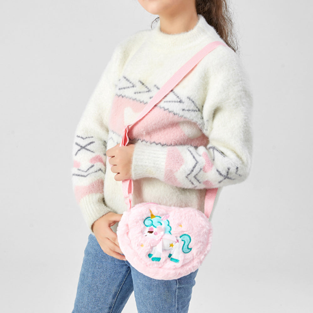 Cute Plush Unicorn Crossbody Bag Heart Shape Zipper Shoulder Bag for Girls Pink