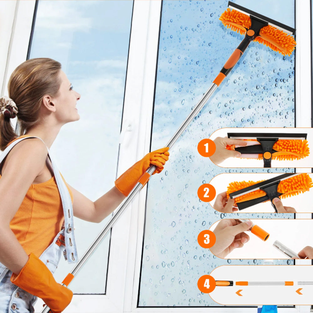 2-in-1 Extendable Window Squeegee Cleaner Tool Rotating Scrubber with 2 Replacement Cloths Orange