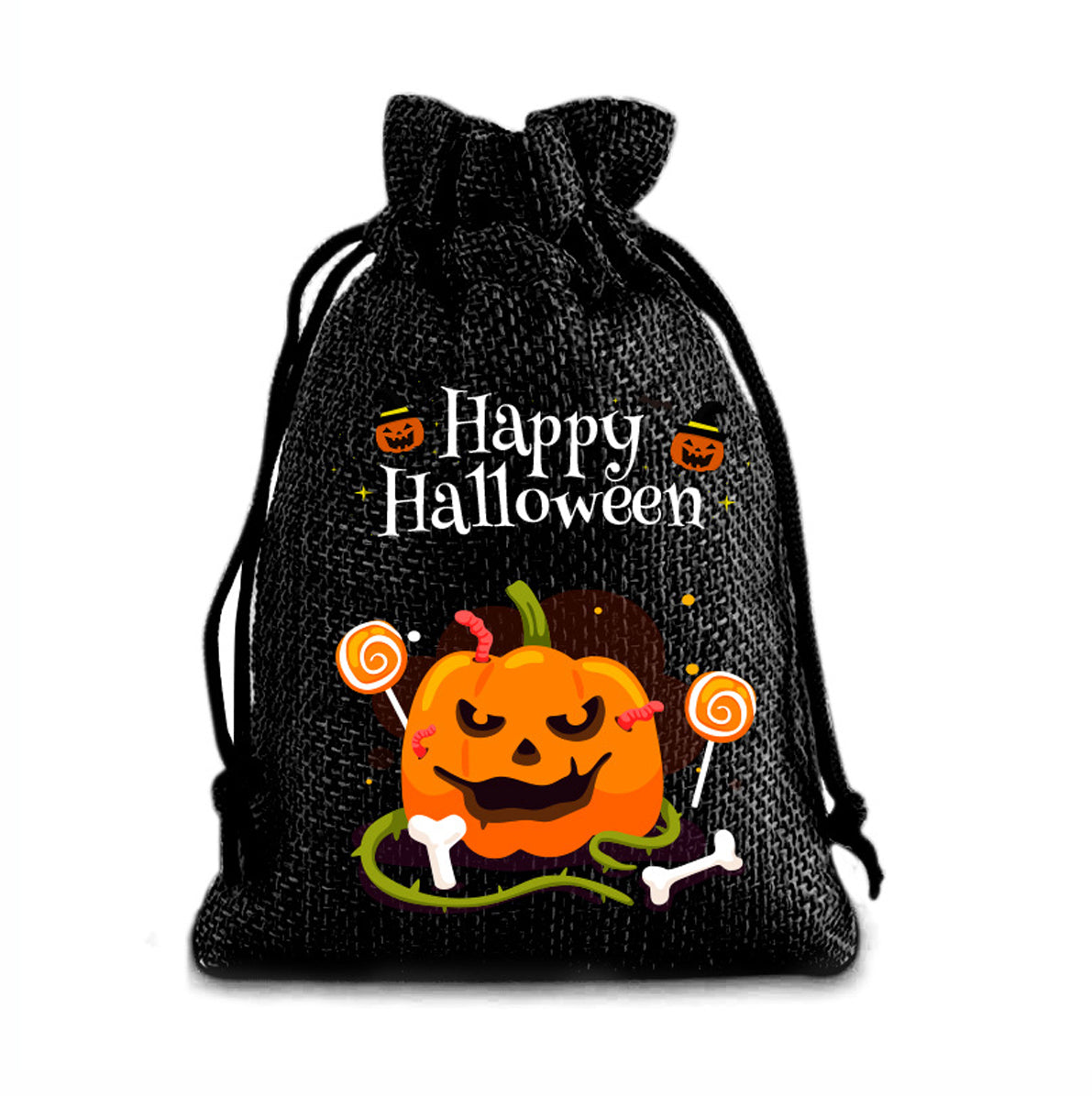 12 Pack Halloween Burlap Drawstring Gift Bags with Pumpkin Ghost Designs - Black