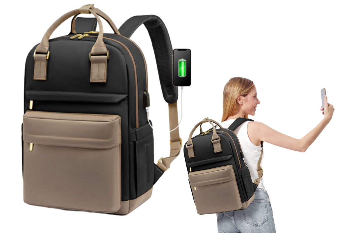Oxford Laptop Backpack With USB Port For 16Inch Laptop Fashion Water-Resistant Backpack-Black And Khaki