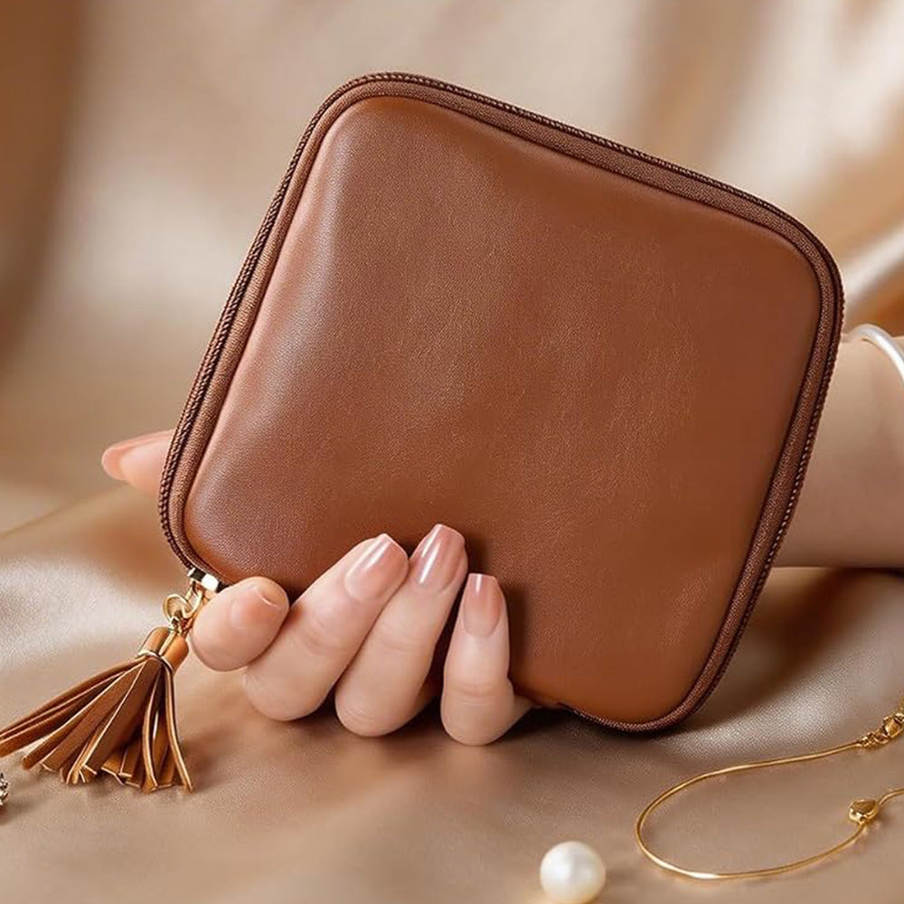 PU Leather Travel Jewelry Organizer Bag with Velvet Lining - Camel