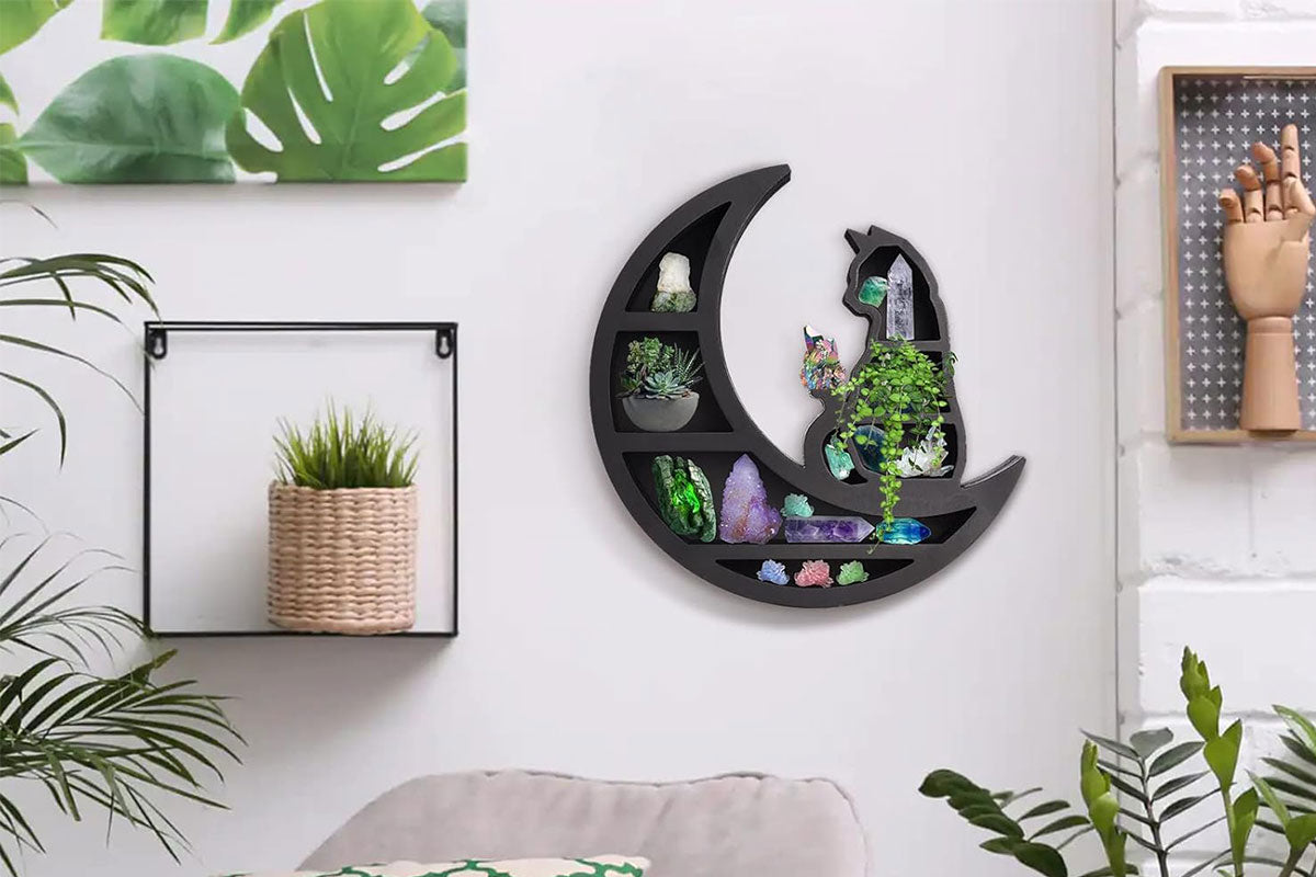 Wooden Shelf Halloween Crystal Display Shelf Decor-Cat in the Moon