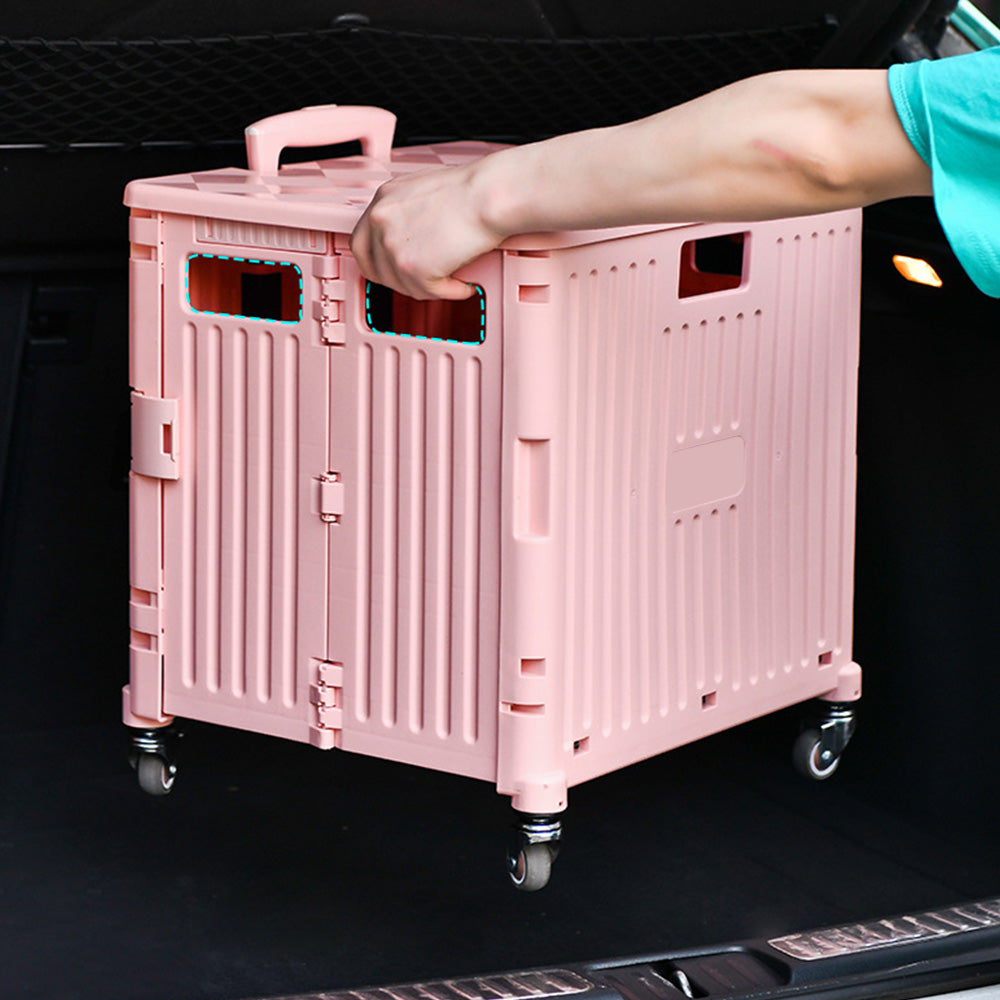 65L Folding Utility Cart Portable Rolling Crate Handcart Shopping Trolley with Lid Pink