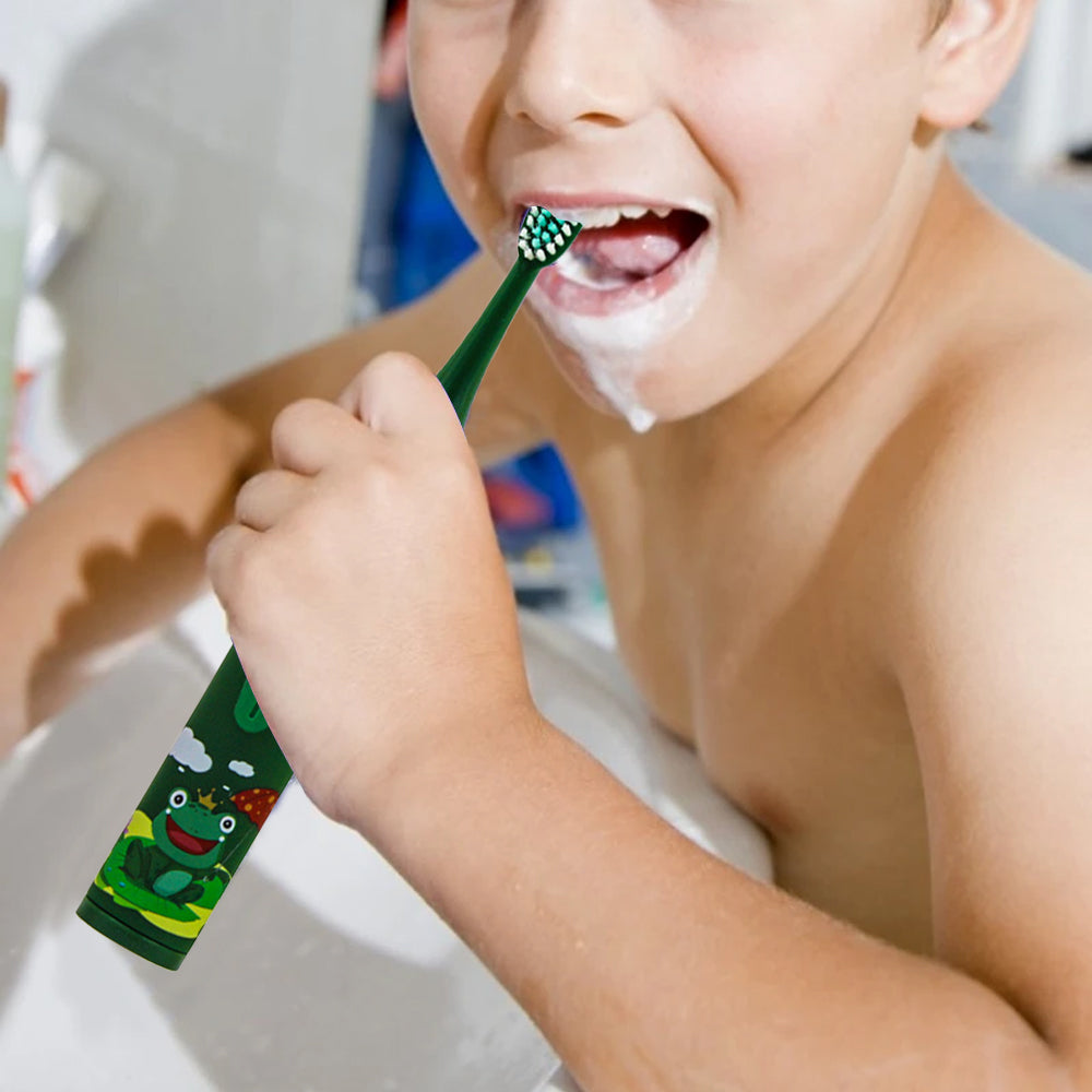 Kids Cartoon Electric Toothbrush Rechargeable Speed Control Toothbrush with 6 Replacement Heads Green