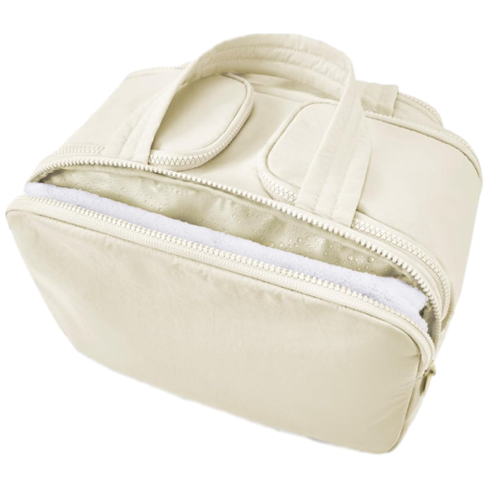Travel Toiletry Bag Wide-open Makeup Bag Organizer with Handle Beige