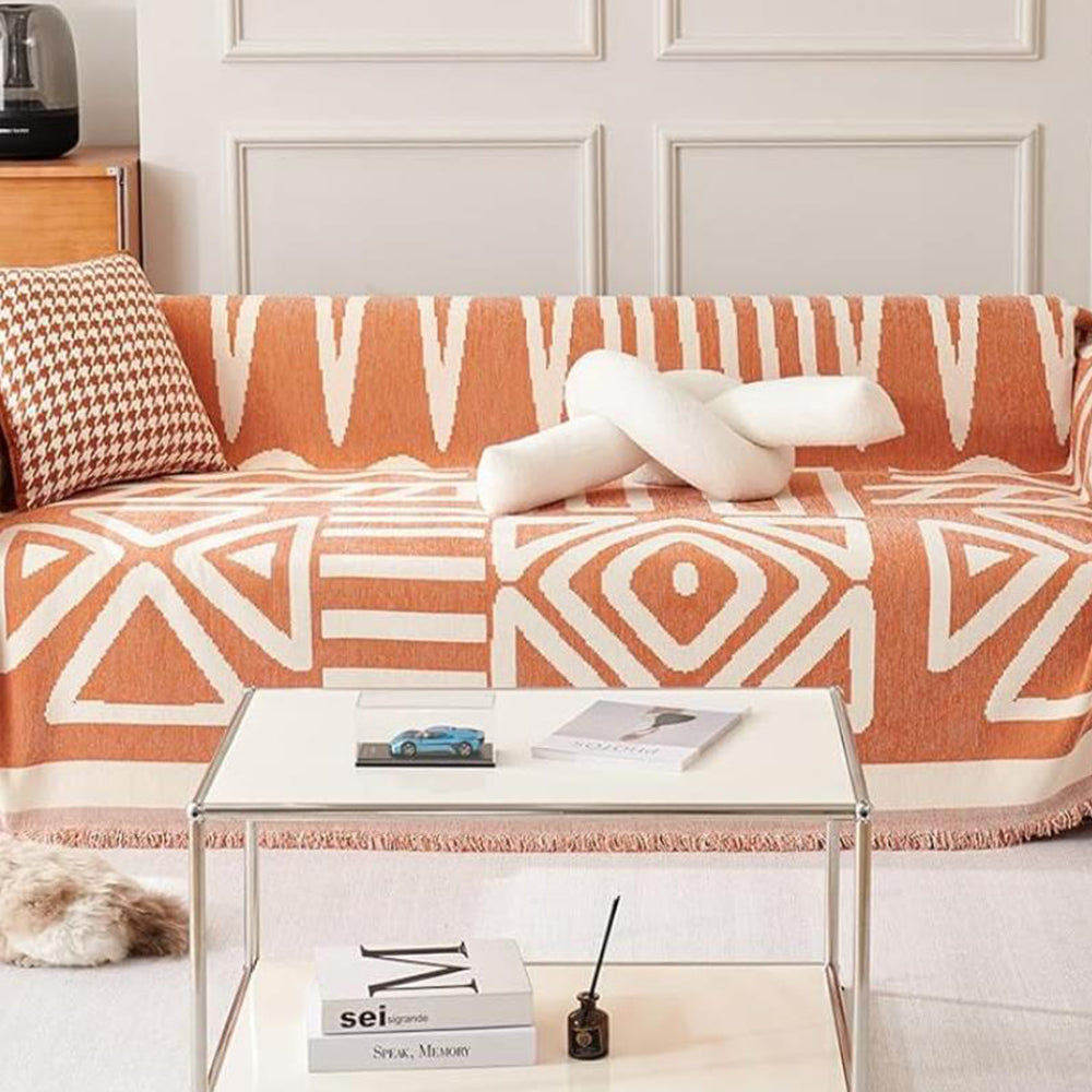 Boho Couch Cover Geometric Sofa Blanket Furniture Protector Orange