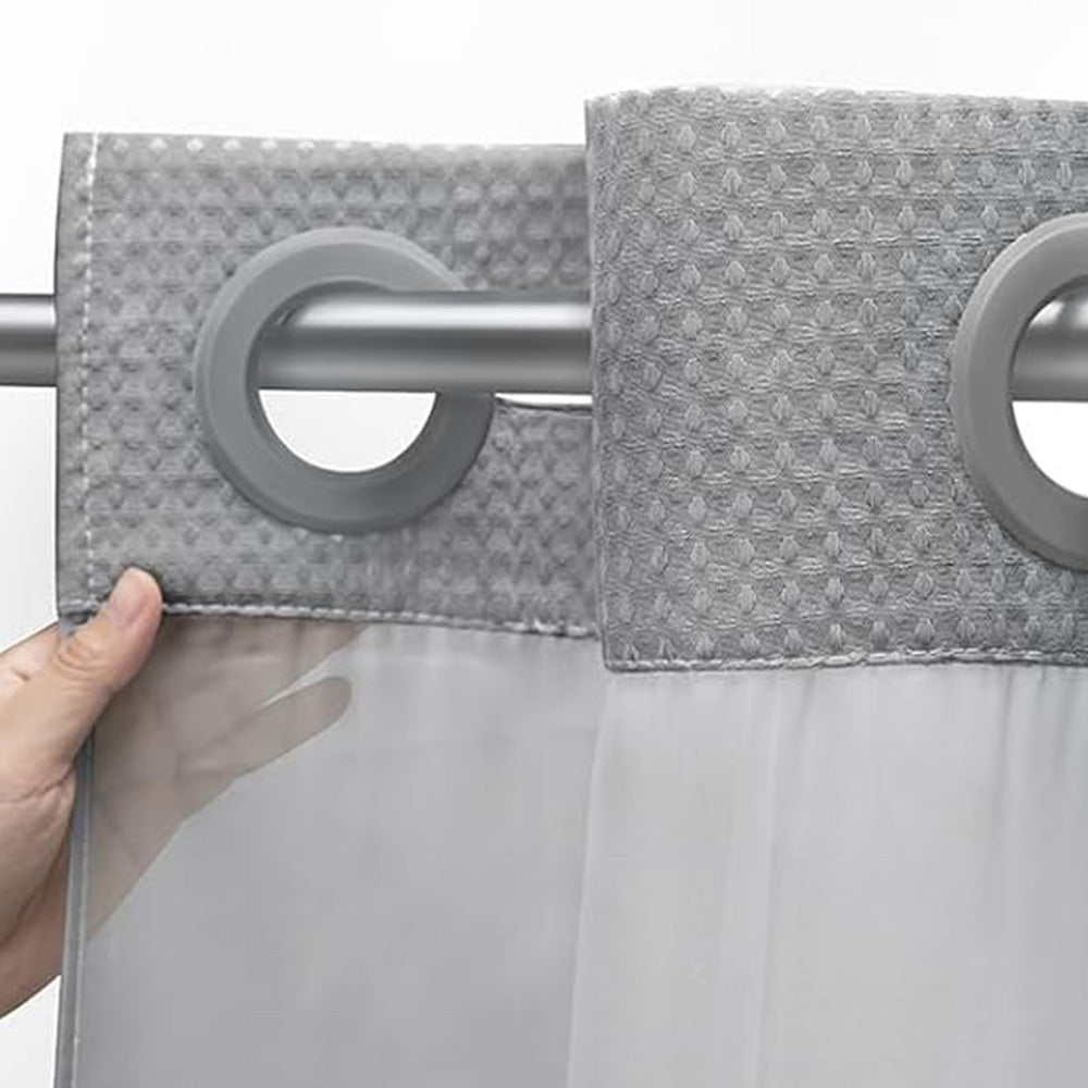 No Hook Shower Curtain with Snap in Fabric Liner Set Waffle Textured Shower Curtain for Bathroom Gray