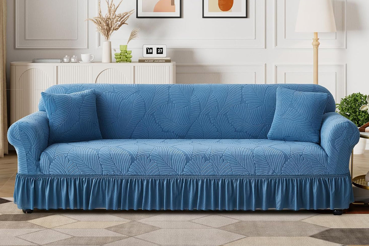 Sofa Cover with Skirt Stretch Sofa Slipcover Non-Slip Soft Couch Cover -Blue